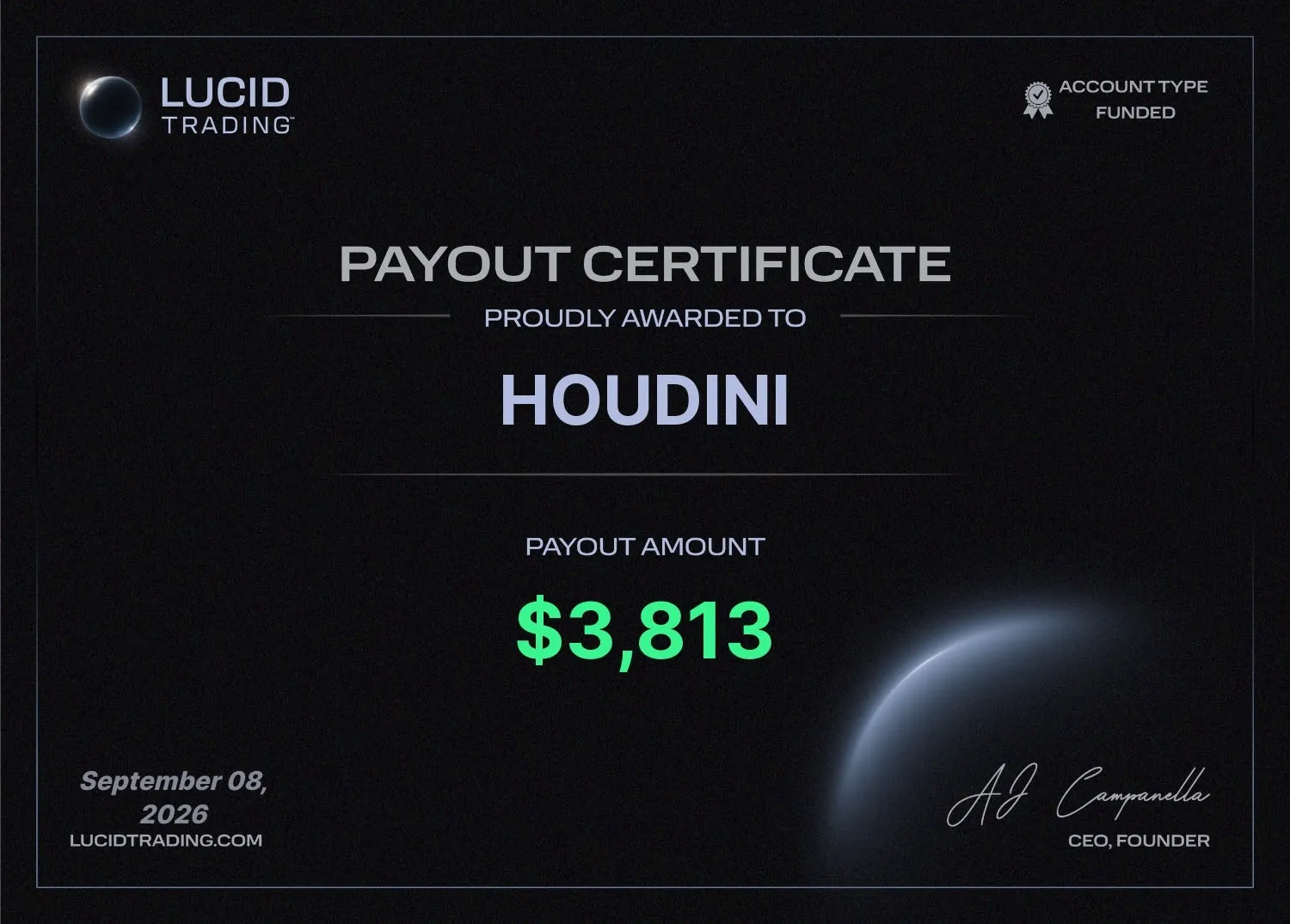 Payout proof: Lucid Trading funded payout certificate showing 3,813 dollars